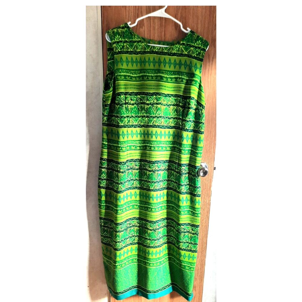 Vintage Vivid Green Abstract Print Shift Dress XL Sleeveless Boho Mini Retro